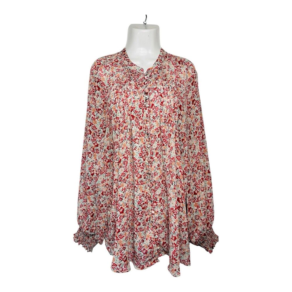 Torrid Floral Sheer Blouse 3X Red Button Up Long Sleeve Gold Stripe Boho Top - Picture 4 of 11